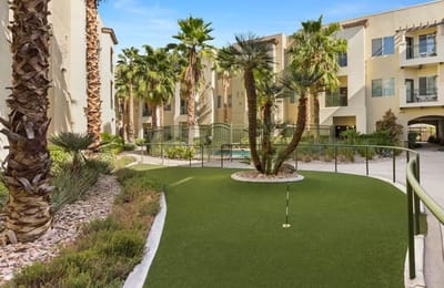 A beautifully landscaped outdoor space with palm trees and greenery