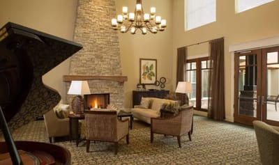 Cozy common area with fireplace and seating