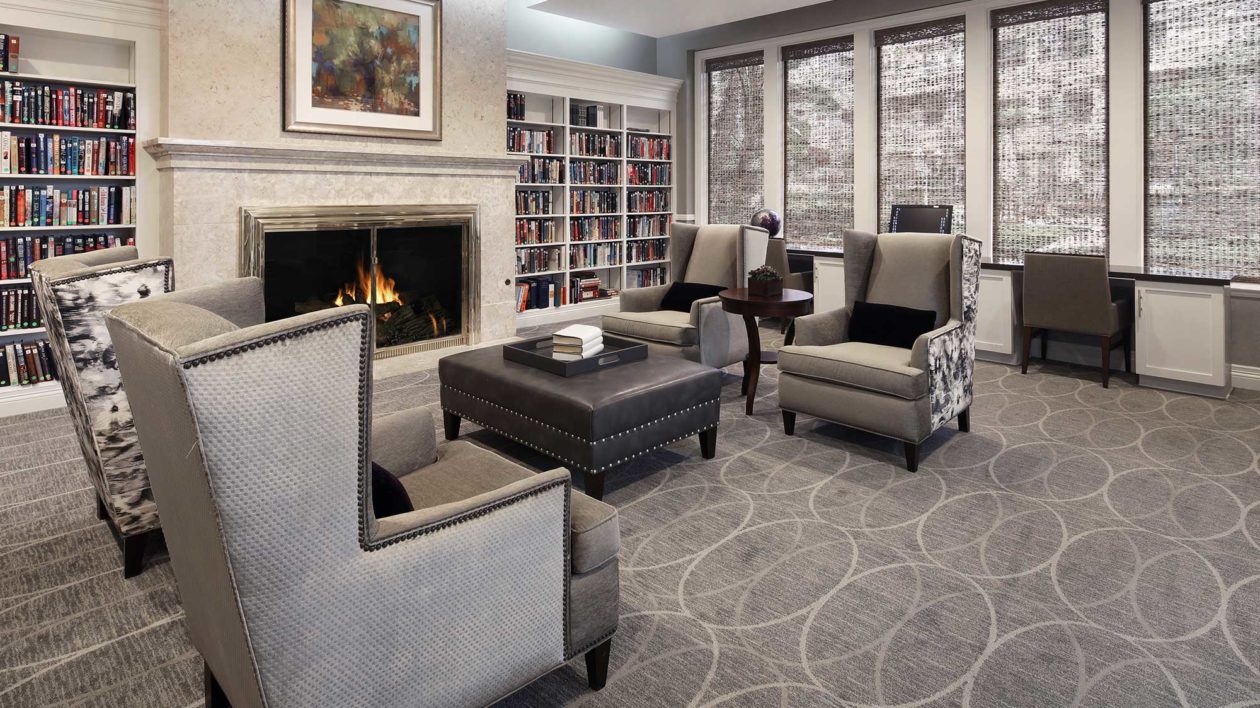 Cozy reading area with a fireplace and bookshelves