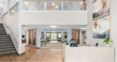 Interior view of a welcoming common area with seating