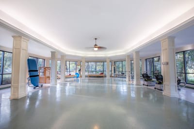 Bright and spacious gym area with fitness equipment