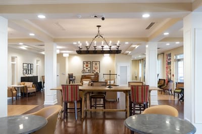Bright and welcoming common area with seating and decor