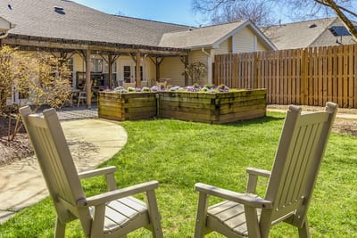 Serene outdoor garden area with seating