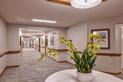 A hallway with floral arrangement and artwork