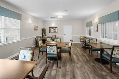 Bright common area with seating and artwork