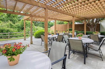 Outdoor dining area with tables and plants
