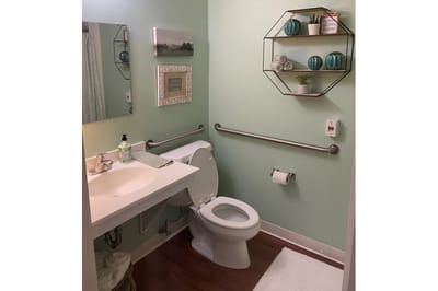 Well-decorated bathroom in an assisted living facility