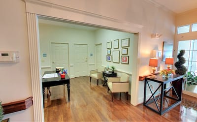 Bright lobby area with comfortable seating and decor