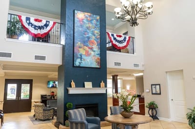 Bright and inviting lobby area with decorations