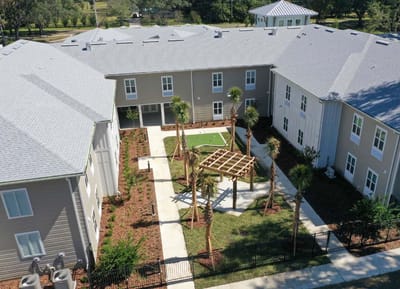 Aerial view of landscaped outdoor space at the facility