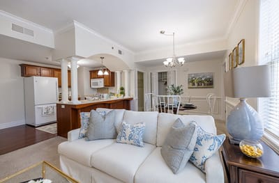 Bright and spacious living area in an assisted living unit