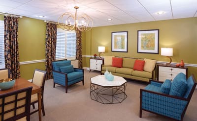 Comfortable common area with colorful furnishings