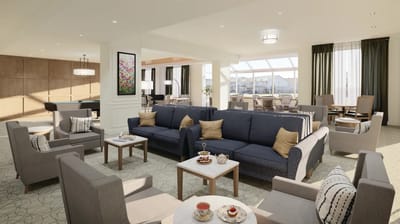 Bright common area with seating and snacks