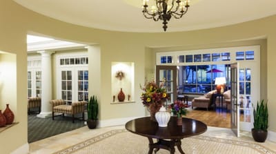 Well-decorated common area in a senior living facility