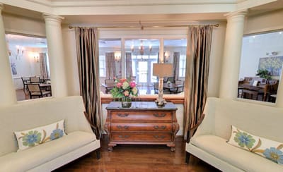 Cozy interior with seating and floral decor