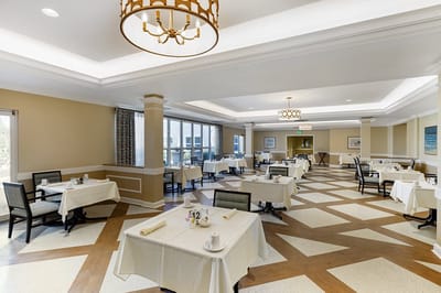 Bright dining room with neatly arranged tables