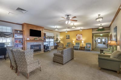 Interior view of a common area with seating
