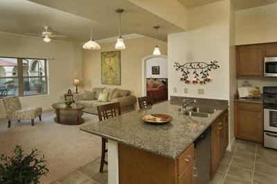 Bright interior view of a living space and kitchen