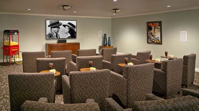 Cozy common area with seating and a movie screen