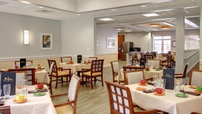Dining room set for a meal in the facility