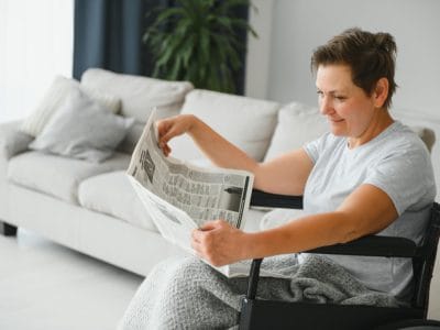 Resident reading a newspaper in a living room