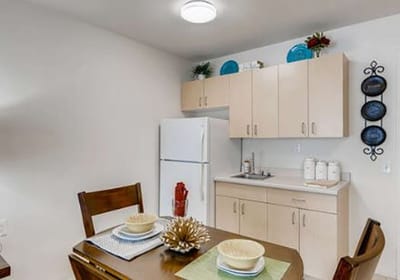 Bright kitchen area with dining table and decor