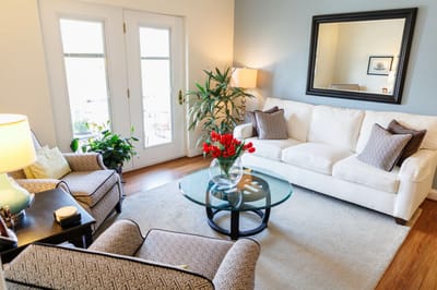 Bright living room with comfortable seating and plants