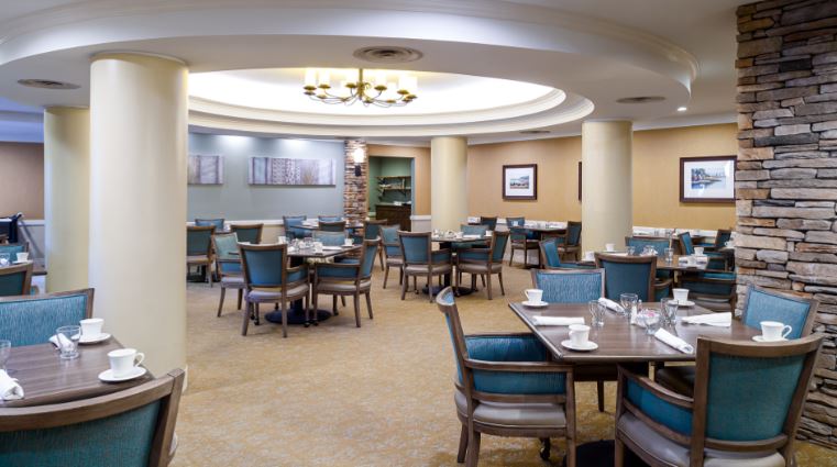 Dining area with tables set for service