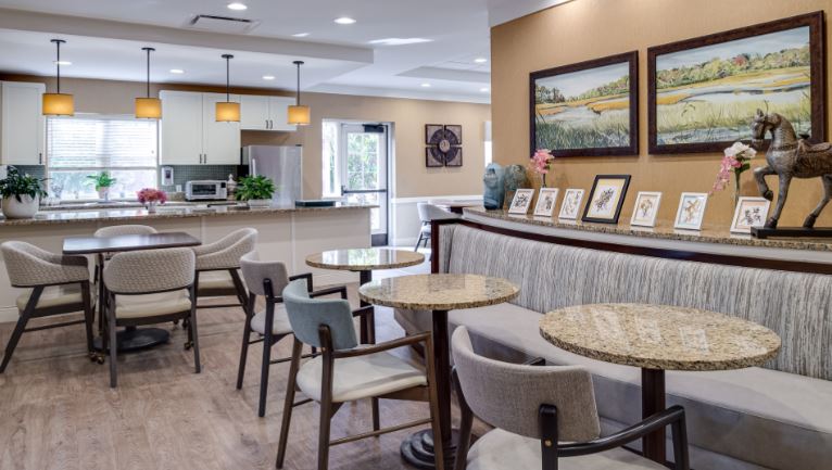 Cozy common area with seating and artwork