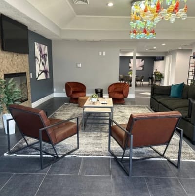 Interior seating area with modern decor and furnishings