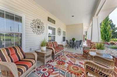 Outdoor seating area with colorful decor