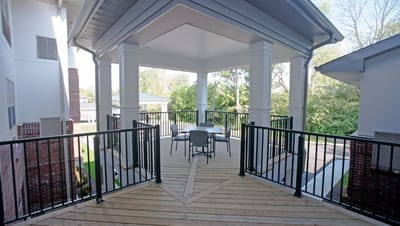 Outdoor seating area with a wooden deck