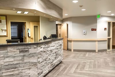 Interior view of a reception area in a senior care facility