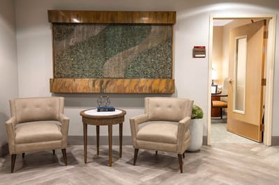Interior seating area with decorative wall art