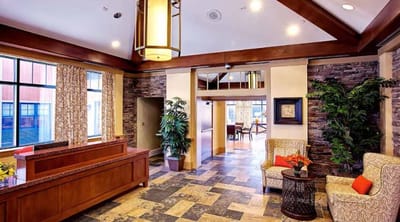 Interior view of a welcoming common area with seating