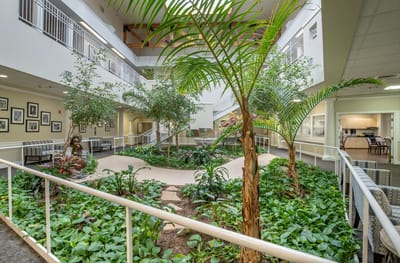 Interior view of a landscaped common area in a senior living facility