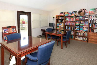 Interior room with tables and bookshelves