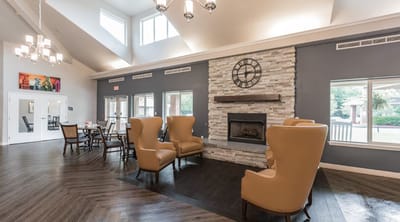 Elegant common area with seating and fireplace