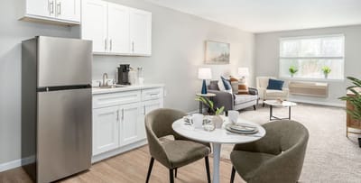 Bright and modern apartment interior with kitchen and seating area