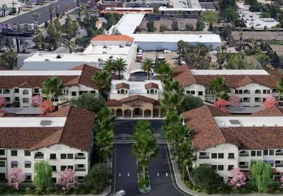 Aerial view of Lindell Living facility surrounded by gardens