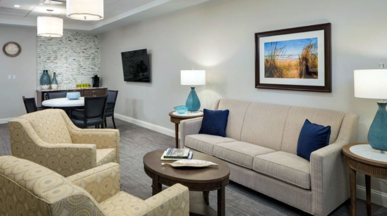 Stylish interior common area with seating and decor