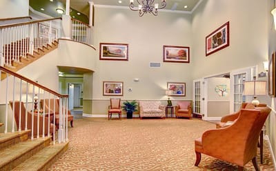 Bright interior lobby with seating and decor