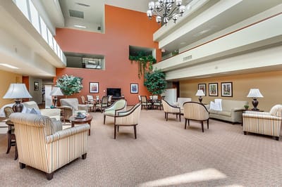Bright and spacious common area with seating