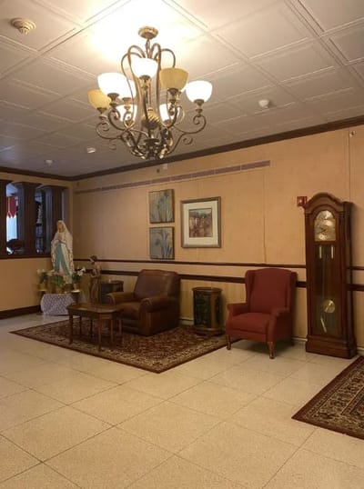Cozy lobby area with seating and decor