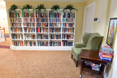 Cozy reading area with bookshelves and armchair