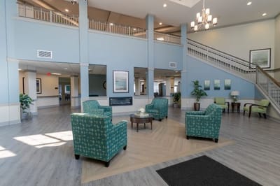 Bright, inviting lobby area with seating and decor