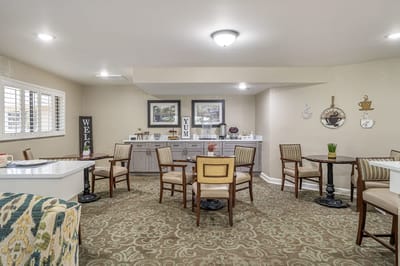 Bright common area with seating and decor