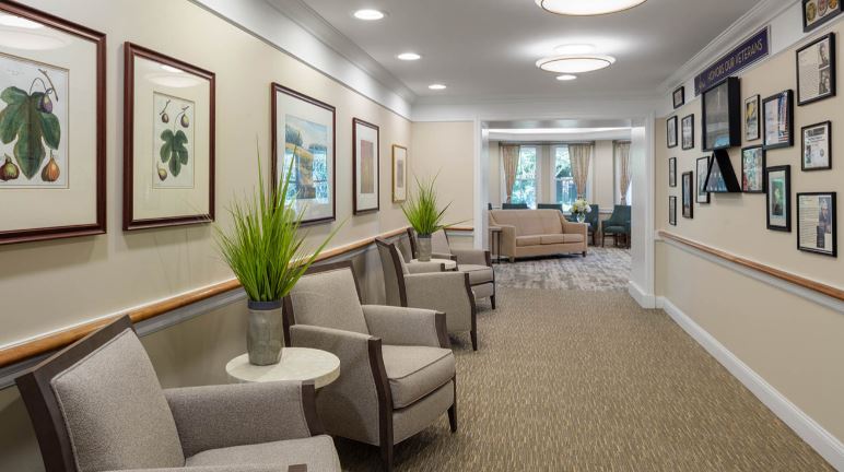 Bright interior hallway with comfortable seating