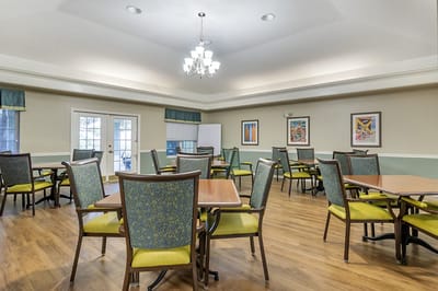 Bright interior common area with tables and chairs
