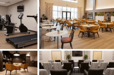 Interior view of a dining area and fitness space